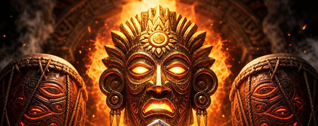 Golden Aztec ceremonial mask with obsidian eyes against flames
